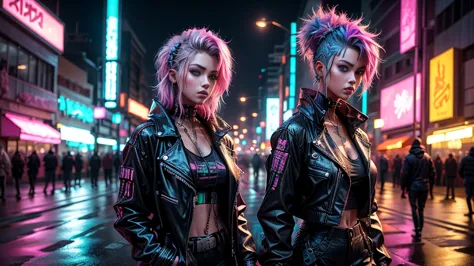 ((Vaporwave,  cyberpunk ,  futuristic style )), Calle  cyberpunk  bañada de neón,  futuristic buildings , booth with Christian DJ 1005 human, She wore an open black leather jacket,  around your neck  un crucifijo, wearing neon decorations in her hair. Vibr...