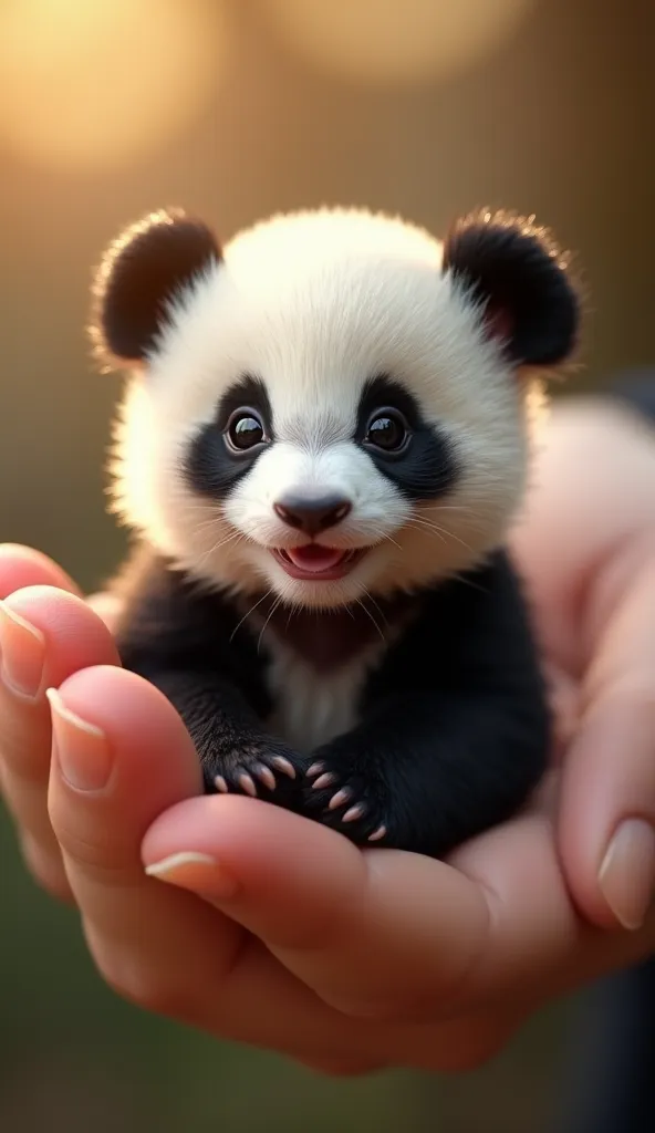 A hyper-realistic digital rendering of an unbelievably tiny baby panda, small enough to fit comfortably in the palm of a hand. The panda has strikingly soft and fluffy fur, with a perfect blend of crisp white and deep black markings. Its large, round eyes ...