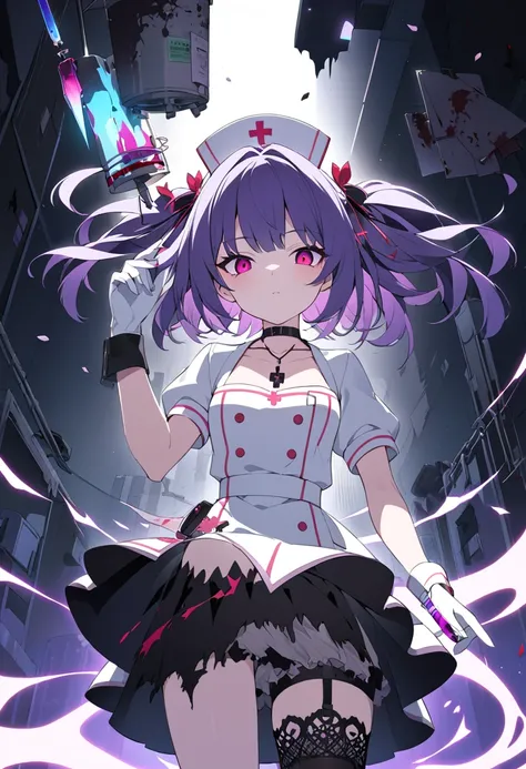 **Revised Anime Prompt**  
"High-contrast anime character design, A violet-haired succubus nurse with yandere gaze, pristine white nurse uniform reimagined with gothic details: blood-red cross embroidery glowing faintly, torn hem revealing lace-trimmed pet...