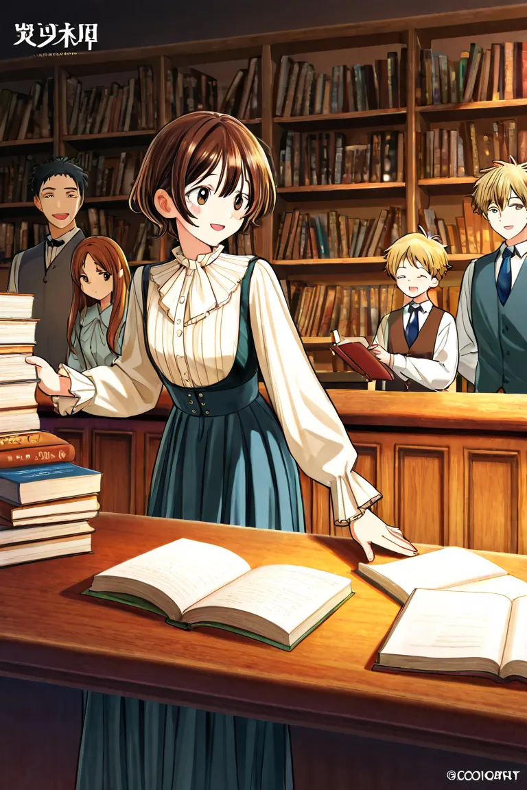 antique book shop tables clerk coaching girl teaching chic boys under dark ceiling KOBE coffee shop chamber many bookshelf