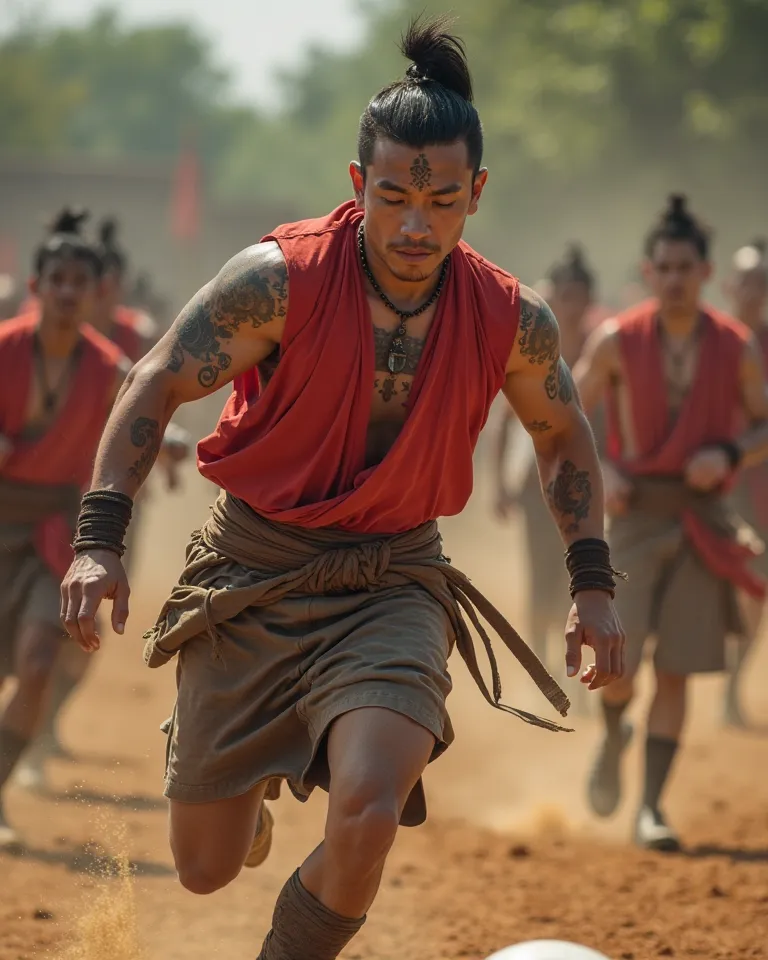 Imagine Cinematic action movie style,  thai men  is Ayutthaya ancient warriors wearing a sleeveless red vest, brown ancient style very shorts sarong , and  arm wraps. His muscular body is adorned with ancient Thai magical tattoos, and his face and body hav...