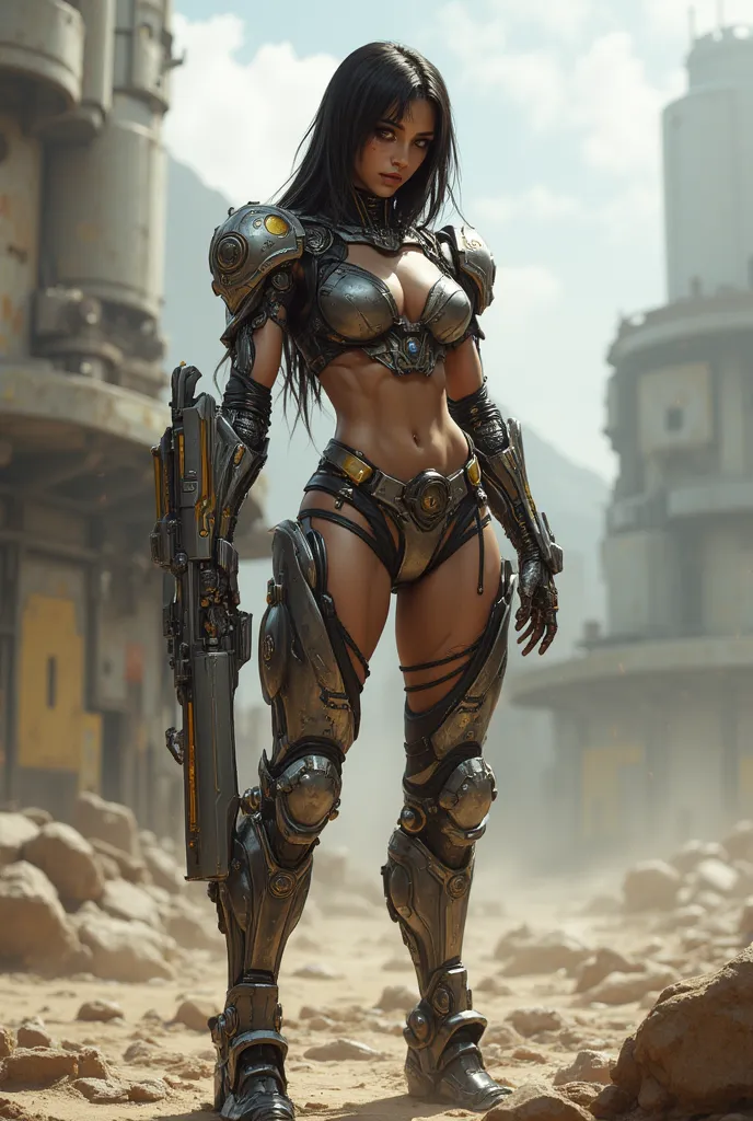 (180cm tall, broad-shouldered, muscular build:1.4), Beautiful girl wearing a zebra pattern costume, (extremely muscular, toned body:1.6), Well-developed biceps, Future Battlegrounds , robot weapon