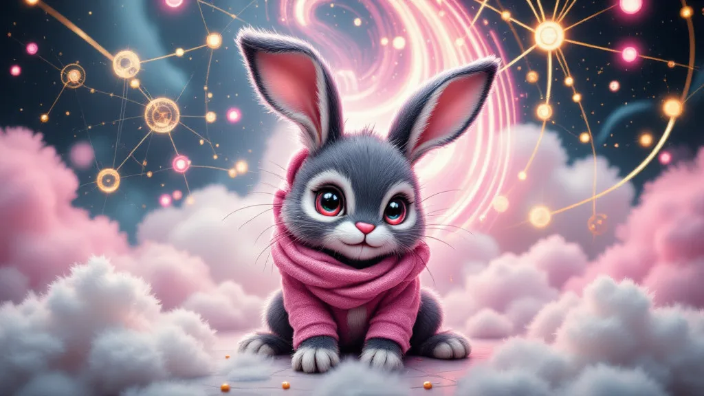 Background illustration of a cute GOOFY PINK AND BLACK LITTLE BUNNY girl graphic display depicting cloud computing technology with gold and marble details