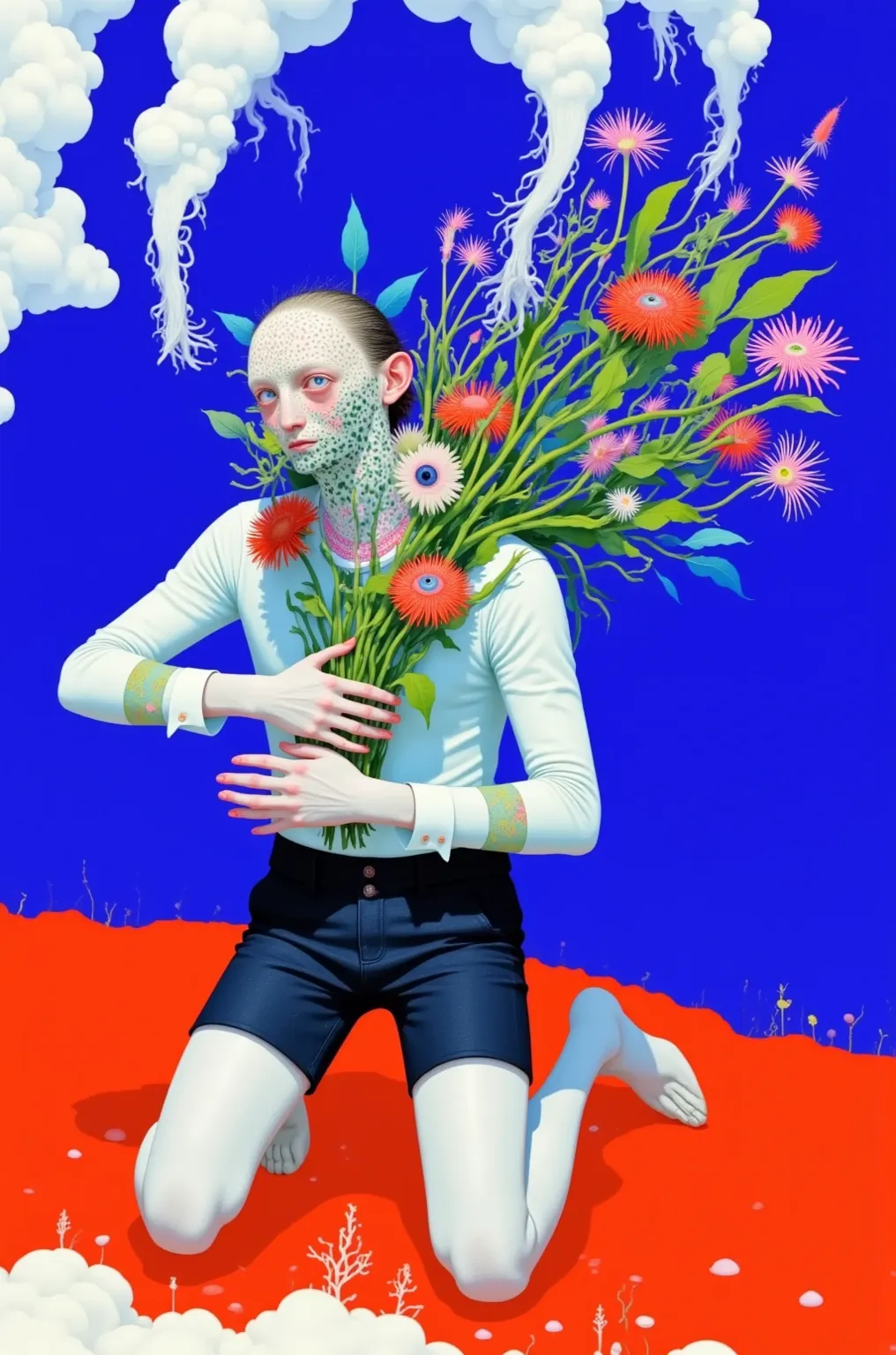 holding a bouquet of flowers in his hand,  kneeling，  Flowers Grow on Her Body , Transhumanist dance, male fantasist,   psychedelic organic cyborg , inspired by Bruce Nauman,  digital art, steady diffusion of artificial intelligence as a person,  digital c...