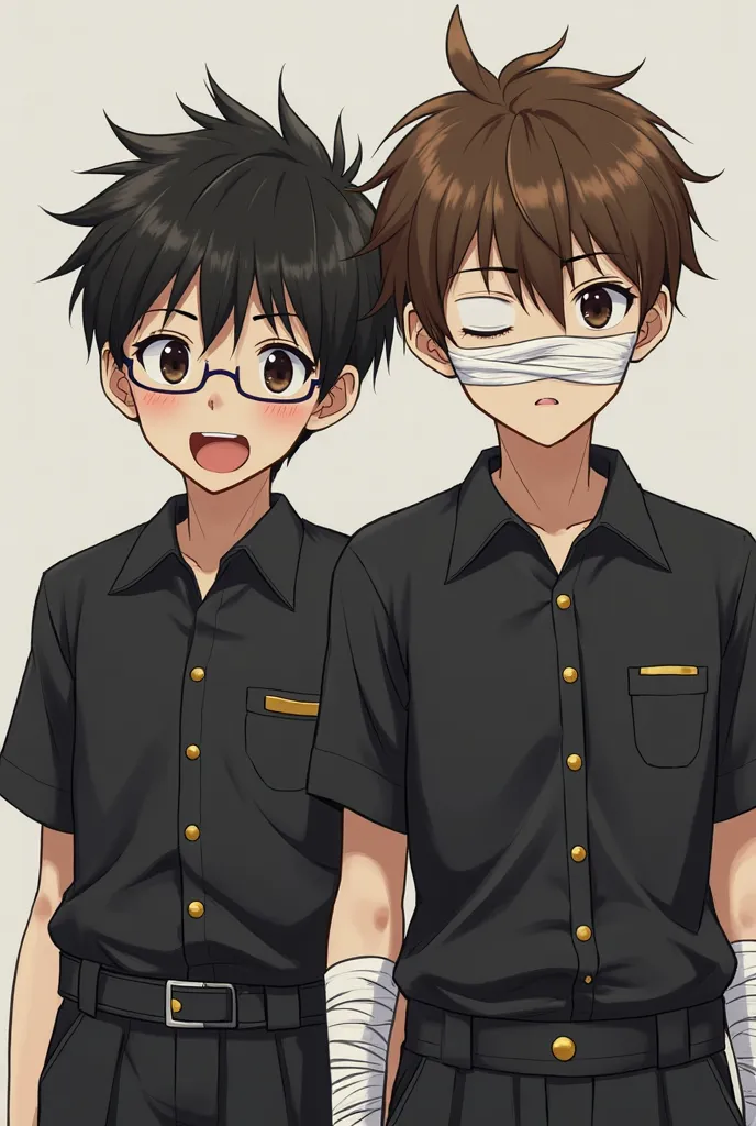 A nerdy boy with glasses, dark and tidy hair, Japanese student, dressed in a black uniform and golden buttons, He has nervous tips. He is next to another boy, of brown hair with bandages all over his face except one eye, he is dressed in a black short slee...