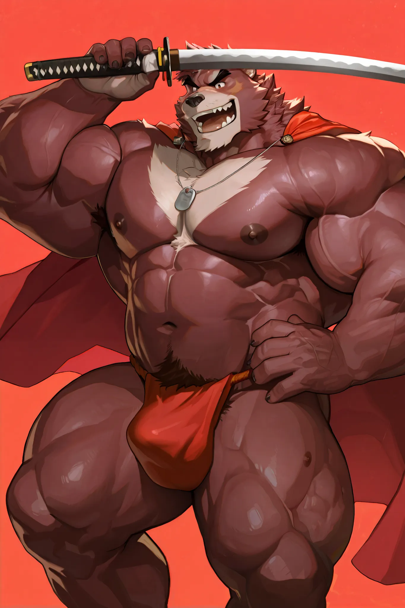 solo, hyper muscular furry kumatetsu, pectoral, open mouth, holding katana, fundoshi, nipples, detailed, shirtless, masterpiece, semirealistic:1.2, high detailed, 8k, high resolution