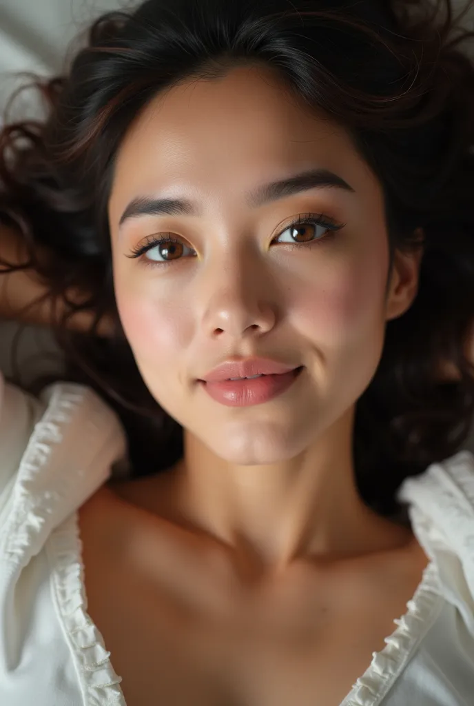 Close-up professional photo, Focus on eyes,  Woman lying on her back, natural curvy lashes,  without makeup,  beautiful skin 