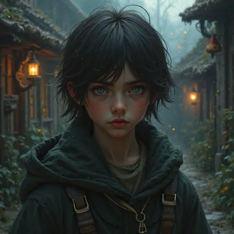 Eleven year old boy with long straight dark brown hair, gray eyes and fine features, With a suspicious face,  in a village.  dark fantasy , magic.