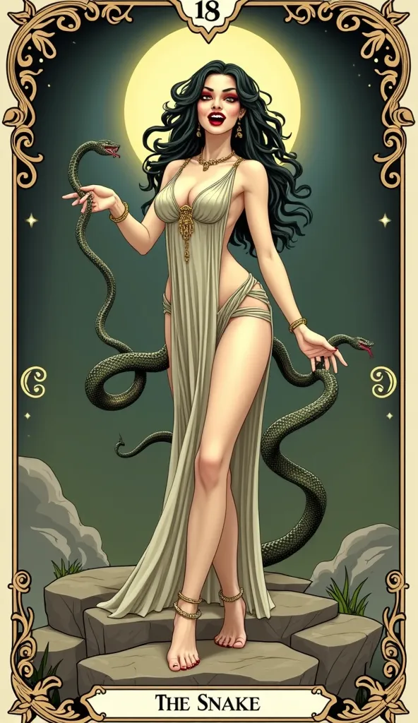 Create the snake tarot card, make a woman with snake hair, she has red eyes, a red mouth smiling showing her teeth, she wears a Greek dress, she has gold accessories, her feet are at rest, she wears an evil expression, She holds a snake, she is on a gray m...