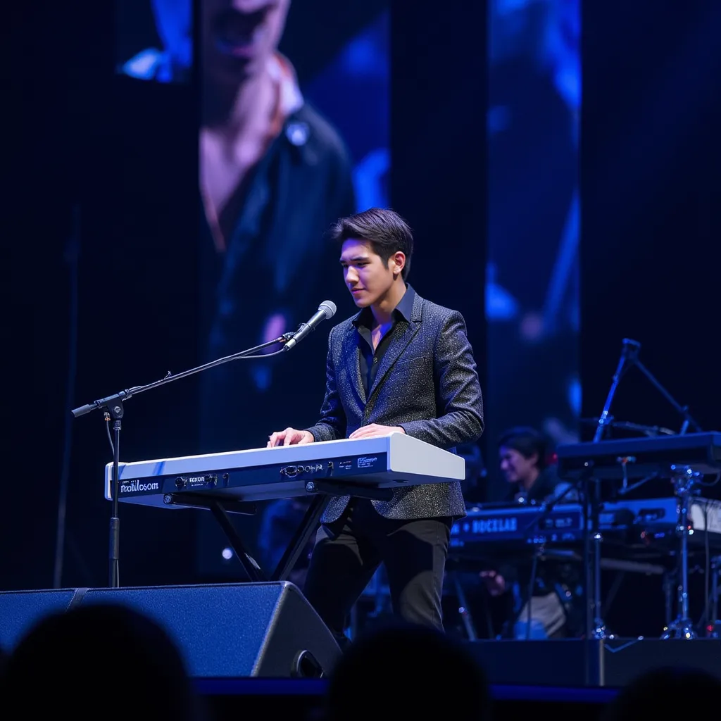 Playing the keyboard at a concert on stage, your face can be clearly seen.