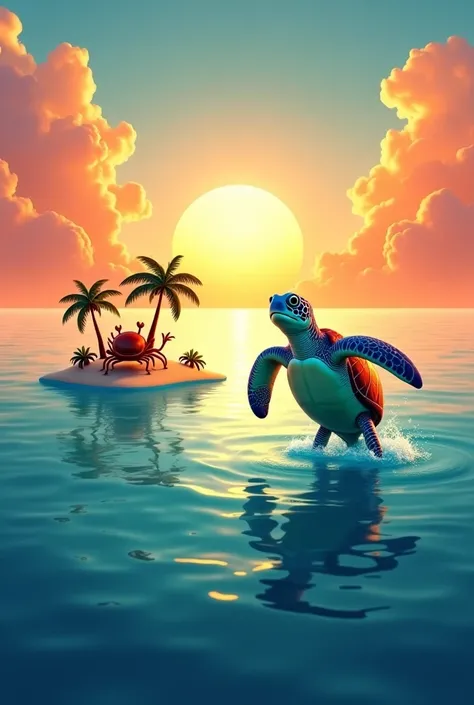 CREATE AN IMAGE OF A SEA TURTLE AND A WHALE JUMPING OUT OF THE WATER,  IN THE BACKGROUND IT IS A SUMMER SUNSET THAT IN THE MIDDLE OF THE SEA THERE IS A SMALL ISLAND WITH A PALM TREE AND SOME COCONUTS AND THAT THERE IS A RED CRAB THAT IS SINGING WITH A BROW...