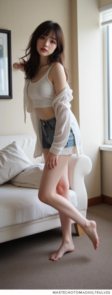 low angle:2.23、Open Shirt, (((lean forward))), ((round face, around  ,miniskirt、 Roomy Tank Top)),  long hair, , Natural Cosmetics, Lips become thicker,  sexy gaze, bare feet, ((raise one leg)),  shooting from below,Gentle expression ,((Extremely Precise a...