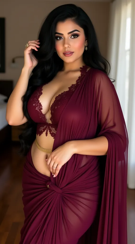 Busty woman, wearing wine lace half blouse and wine saree, exposing curvy midriff and navel,thin gold navel chain,long black hair,combing her hair,black thick eyelashes and eyeliners,curvy and thick body, inside bedroom 