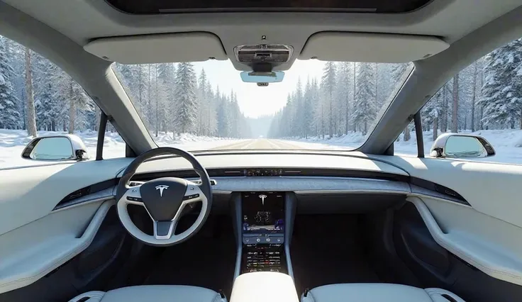 Interior view of 2025 Tesla model S Captured From creamy white Dashboard  