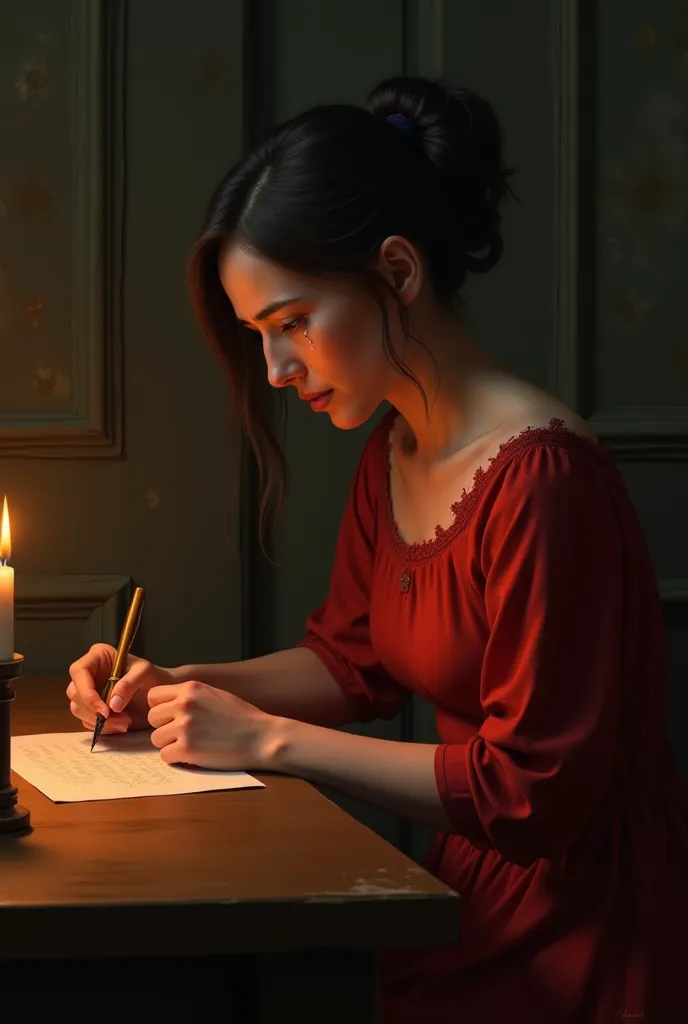 A woman in a red dress writing a letter crying at a candle-lit table at three o'clock at night