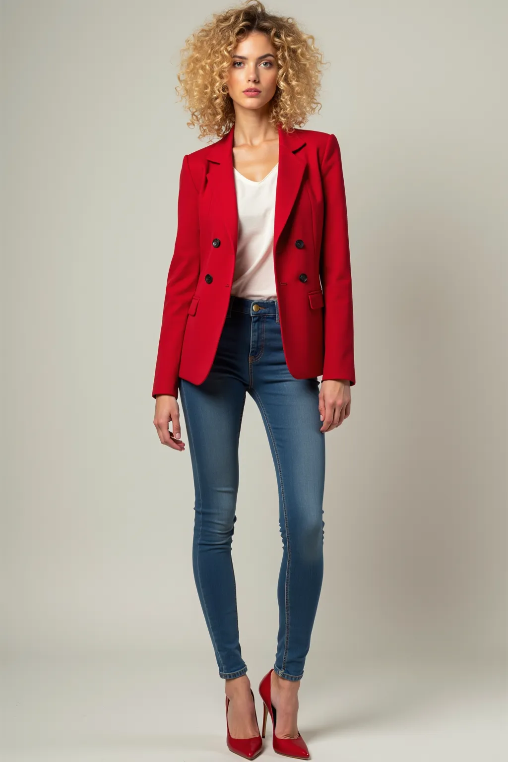 Appearance: slim stature, slightly shorter than shoulder-length, blonde and extremely curly hair,  penetrating eyes , fair skin. About 1,65 m tall and 22 years old.
Clothing: Wear a red blazer over a white shirt, blaue Skinny-Jeans und Pumps, with thin, hi...