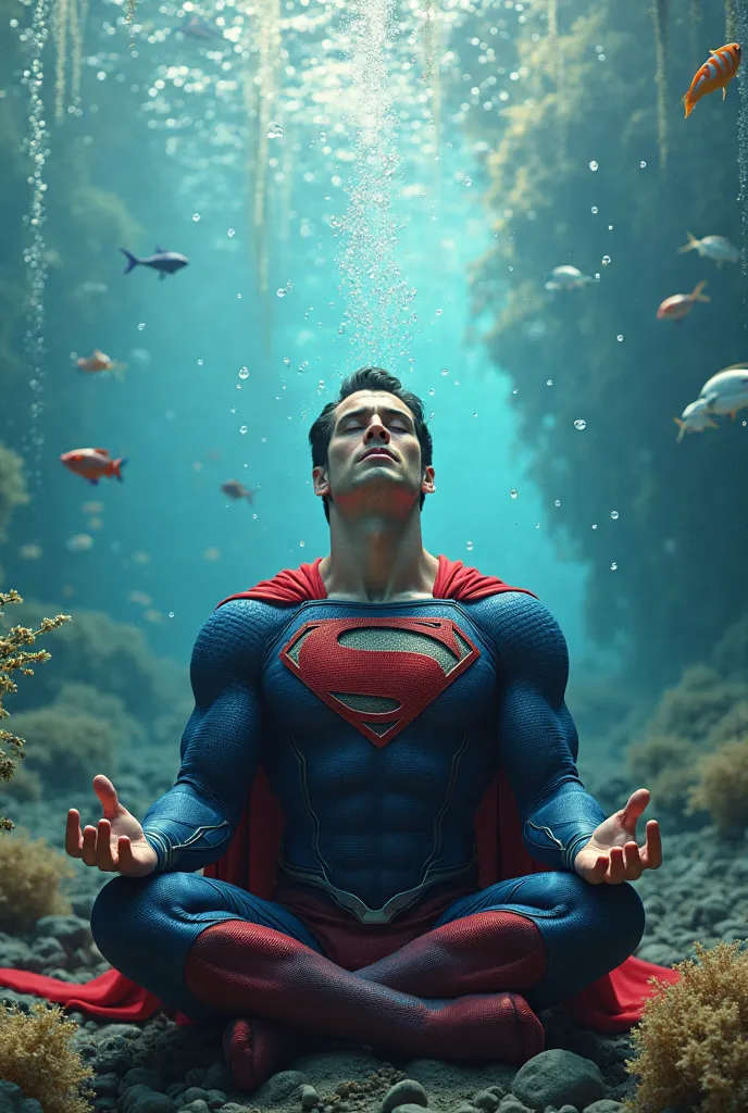 Superman and Spider-Man doing a meditation under water