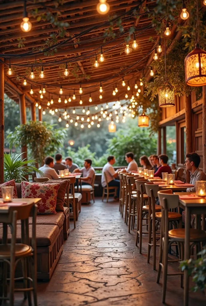 An open air restaurant with couches on one side and high tables and chairs on the other with b lights hanging from the ceiling . All furniture should be wooden . The ceiling should be open air 