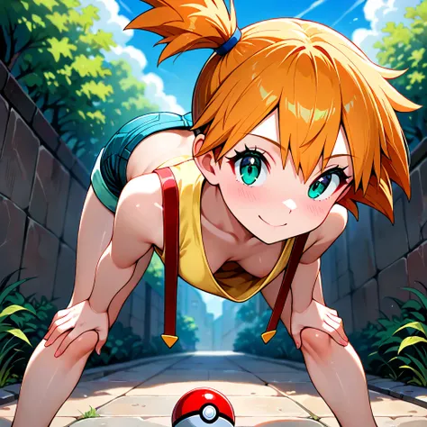 nsfw,anime,masterpiece, best quality, highly dramatic picture, beautiful eyes, cinematic lens effect, ultra cute,solo,bent over,legs apart,hands on knees,misty_\(pokemon\),side_ponytail,navel,suspenders,denim_shorts,midriff,poke_ball_\(basic\),bare_shoulde...