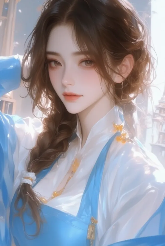 1 cute woman, cute image, one braided waist-length hair, brown hair, soft hair, forehead, brown eyes, double eyelidless eyes, oriental style, soft smile, white jeogori knotted with yellow pus and wearing sky blue hanbok skirt