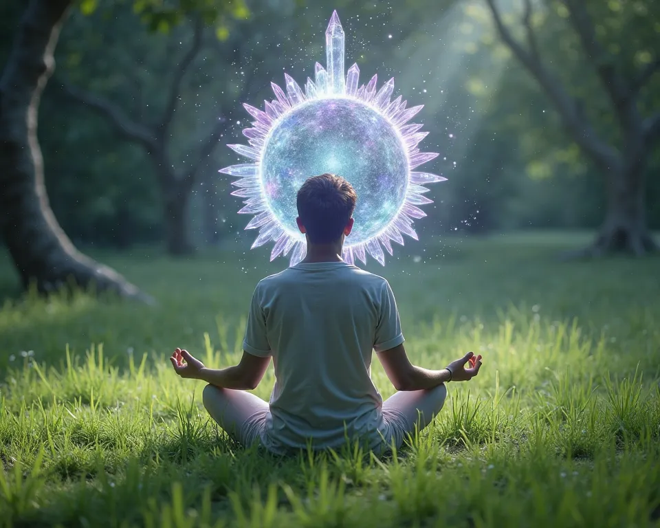 Crystal circle enhances frequency, a person meditating in a field of green grass.
A circle of light made up of crystals, surrounds a person who is meditating.
On their head appears a stream of white or purple light, symbol for connection with higher freque...