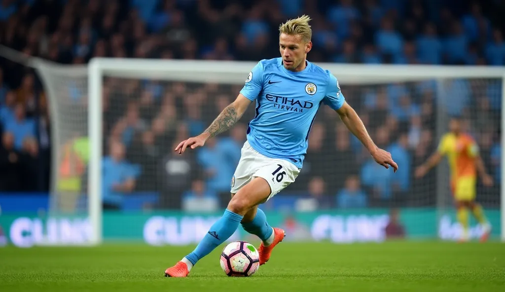 Erling Haaland in an aggressive stance, ready to strike the ball inside Manchester City's penalty area. His sky-blue jersey contrasts with the vibrant green grass. Above him, a modern graphic displays his valuation of €221.5 million, with Premier League ic...