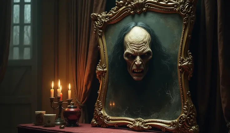 in the master's apartment there is an old mirror from which the shriveled looks, evil, dried face