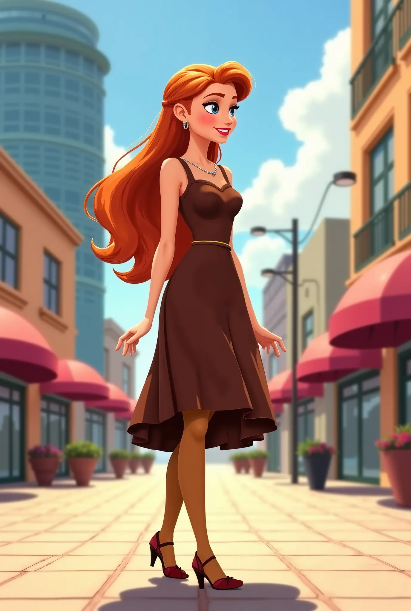 Tip: A very lovely Anna from FROZEN being happy alone in Downtown San Diego in the sun… The illustration is a high definition illustration with 4k resolution., with highly detailed facial features and cartoon style visuals, brown dress, suntan pantyhose, b...