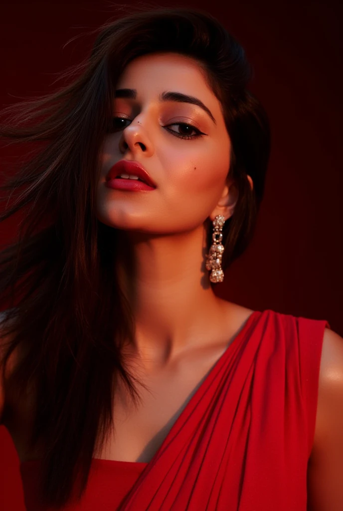 Generate a high definetion image of ananya,a shiny skin,a gritty skin,oily body,wet body,with long hair,wearing traditional red saree blouse
