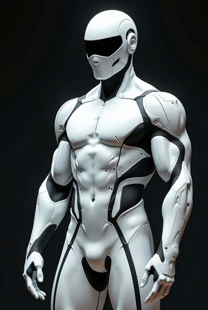 A futuristic humanoid character, Muscular, athletic and stately body , totally white with geometric black details. He wears a tight high-tech suit with symmetrical black lines that run along his arms,  legs and torso . His face is covered by a smooth white...