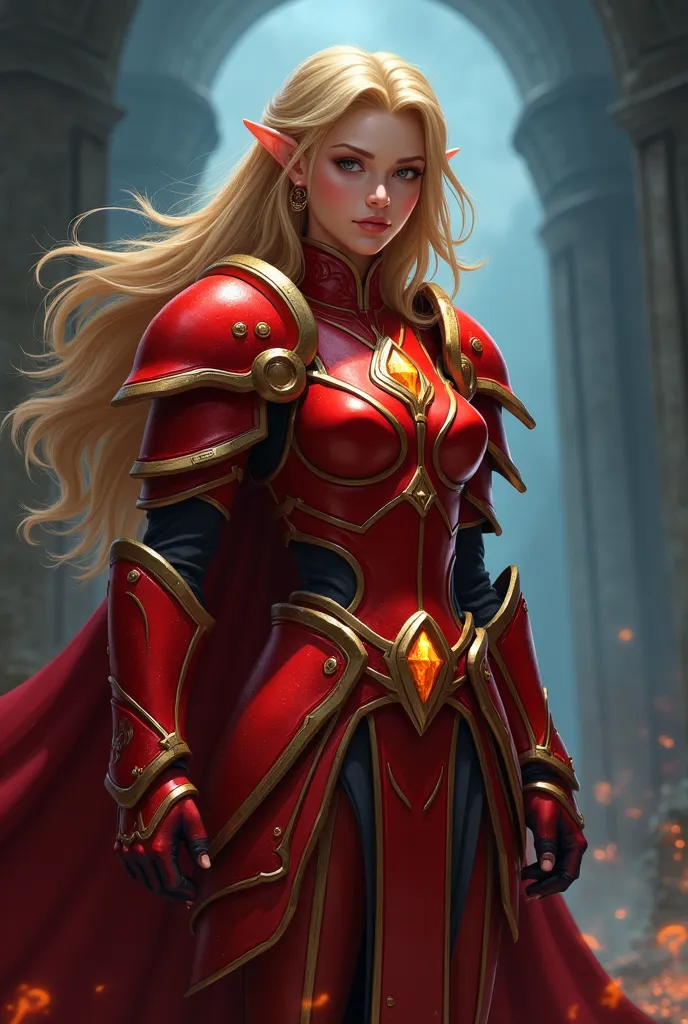 
Draw an elf paladin girl from wordl of warcraft in multach-style animation in red armor in a dark atmosphere