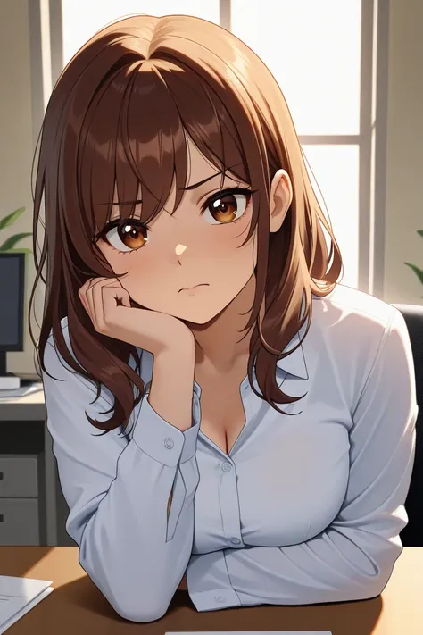 Busty brunette anime chick in tight office shirt