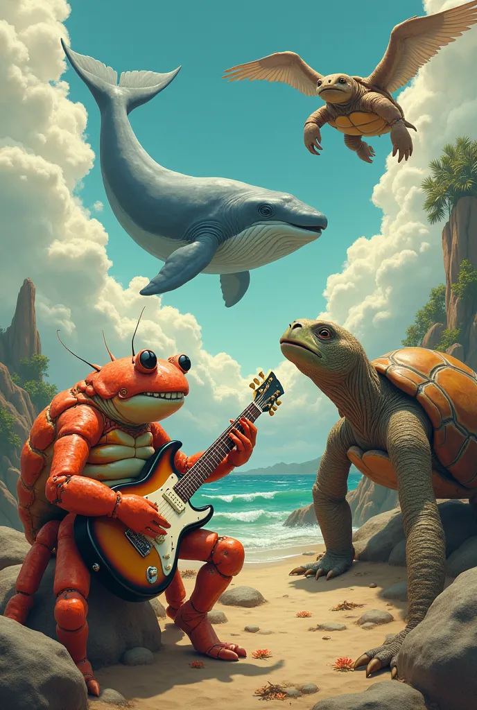 It generates an image of a crab playing the guitar, a flying whale, a flying turtle and a chango scratching its head
