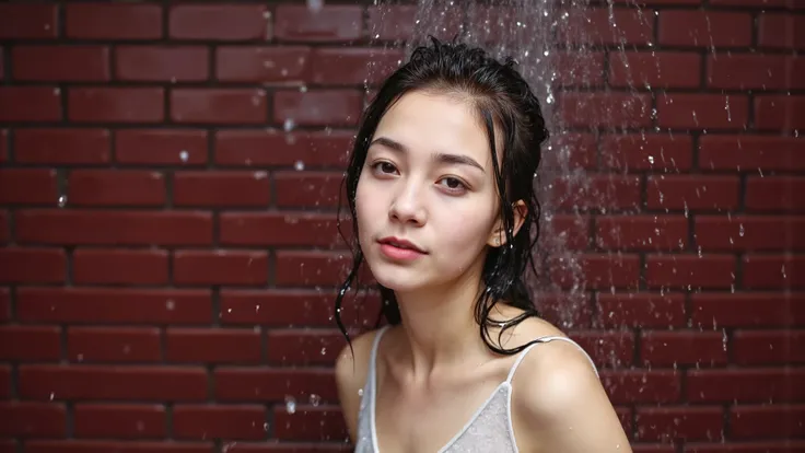 A headshot of a beautiful young Japanese woman wearing a dress standing in front of a dark red brick wall as water is throw into her face from off-screen, completely soaking her.