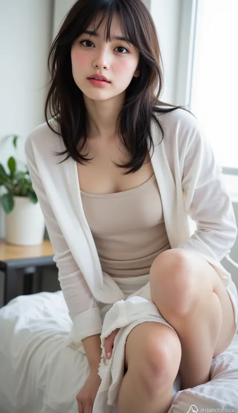 low angle:2.23、Open Shirt, (((lean forward))), ((round face, around  ,miniskirt、 Roomy Tank Top)),  long hair, , Natural Cosmetics, Lips become thicker,  sexy gaze, bare feet, ((raise one leg)),  shooting from below,Gentle expression ,((Extremely Precise a...