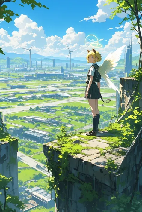 post-apocalyptic solarpunk world, where nature has reclaimed an abandoned airport. girl stands on a high vantage point, overlooking the vast airport ruins, now covered in lush greenery. The cracked runways are filled with overgrown vines and trees, while r...