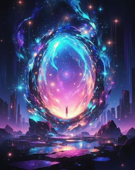 A glowing portal, luminous,  multicolor portal, translucent, Inside the portal shines mysteriously,  universe setting, shining stars, galaxy, to another dimension,  (masterpiece, best quality:1.2) 