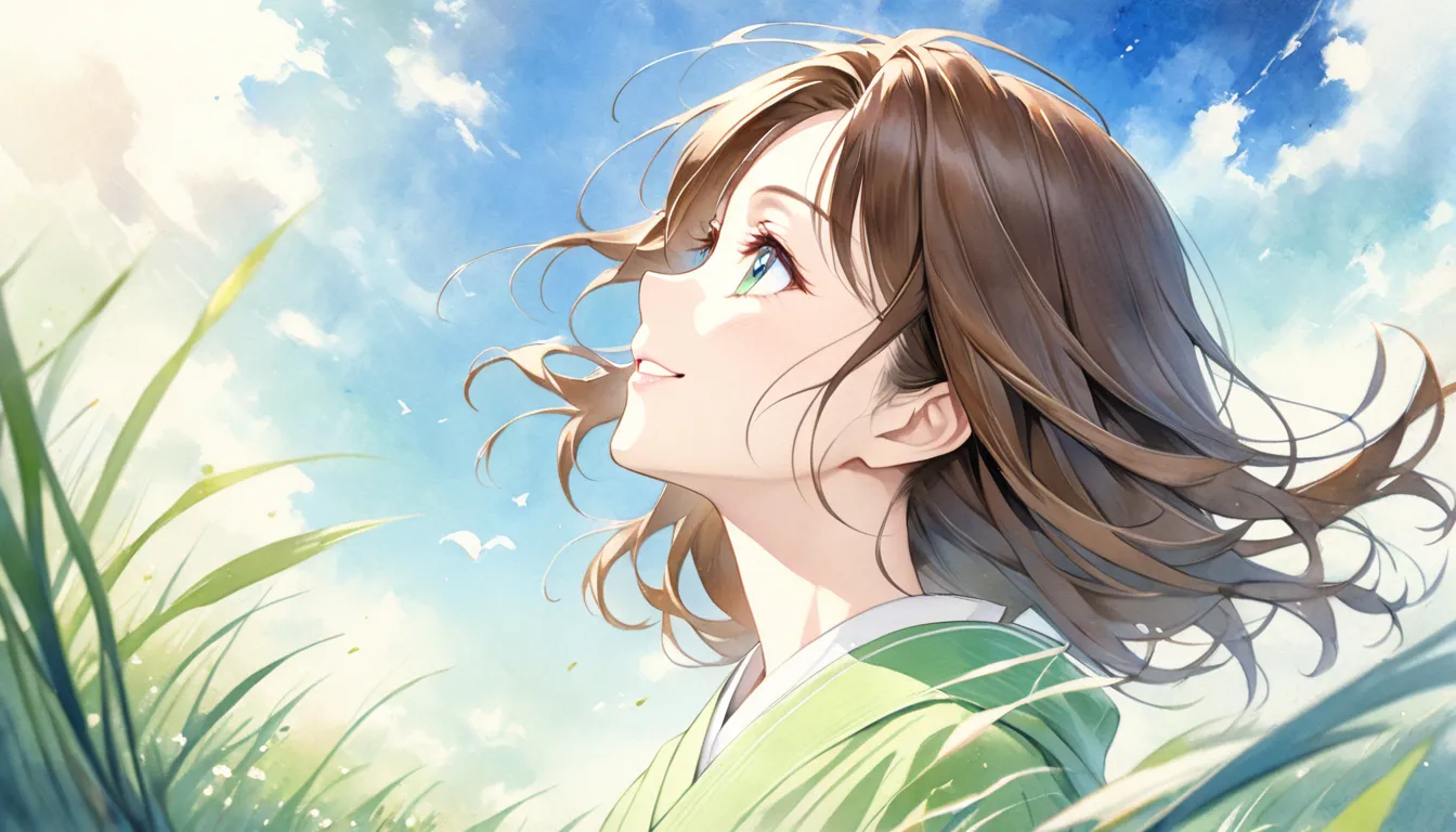 High Quality Realistic Painting,Full-body portrait of a beautiful mature Japanese woman,Mysterious profile, long brown hair fluttering in the wind ,The expression of standing in a green prairie looking up at the blue sky and smiling, wide angle shot, Soft ...