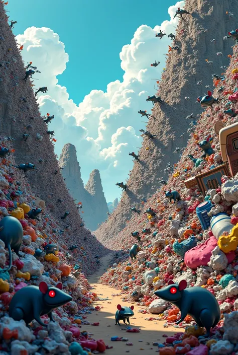 A pile of rubbish filled with many dirty red-eyed rats , awesome ,  cartoon , Landscape image of 42 mountains of garbage.