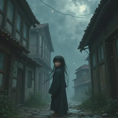 Eleven year old boy with long straight hair, gray eyes and fine features, in a village.  dark fantasy , magic.