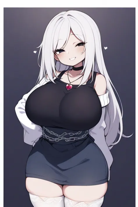 A tall girl, pale skin,  has a curvaceous build , with giant breasts, wide hips, thick thighs, etc. Tiene una pale skin,  squinting black , In addition to having long and straight white hair, a girl with white skin, squinted and torn black eyes with, with ...