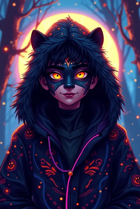 A flat art-style illustration featuring a beautiful young man wearing a luxurious, fluffy coat with a hood. The coat is inspired by the image of a black panther, with a black base accented by intricate and exotic neon-colored patterns. The vibrant decorati...