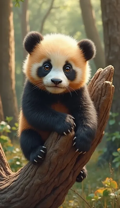 A hyper-realistic digital painting of a baby panda perched on a thick, textured tree log, gripping it with its soft black paws. The panda has an adorably round face, golden-tinged fluffy fur blending into classic black-and-white markings, and strikingly la...