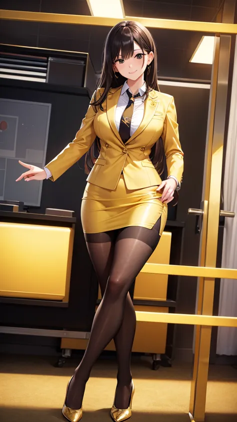 sexy office lady in gold business suit　　 　　gold pencil skirt　Gold tie　Golden tights　A radiant smile　 Hi-Res　 high image quality