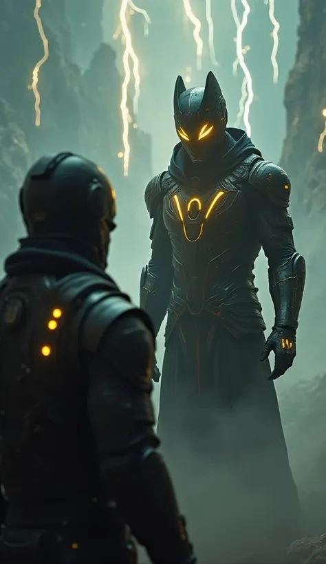 A dark figure emerges from the shadows, staring at NOX with glowing golden eyes. He wears mysterious armor, with futuristic details in black and gold, emanating an aura of immense power. The environment is shrouded in fog and electric rays cut through the ...