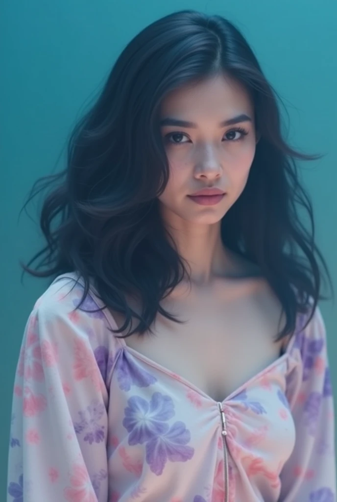 A portrait of a woman with soft facial features, a gentle expression, and slightly wavy dark hair. She is wearing a dreamy, abstract-patterned blouse with pastel tones of pink, purple, and white, blending into the fabric as if painted with watercolor. The ...