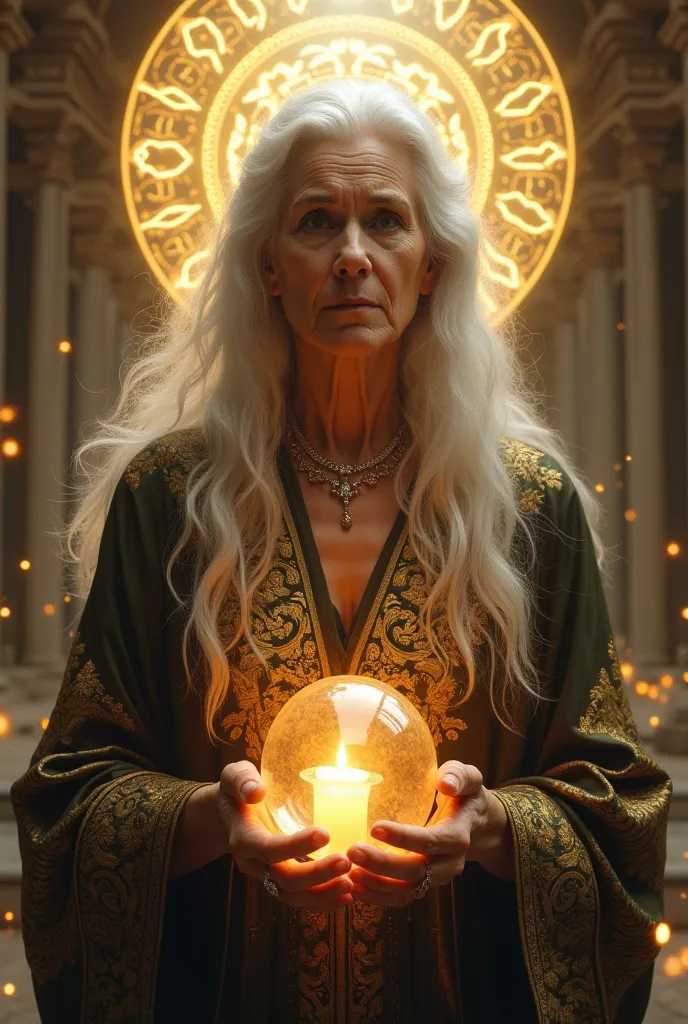 An elderly woman with an imposing presence, with white hair and eyes that reflect ancient knowledge. She wears a silk tunic with gold embroidery and holds a crystal sphere with a burning candle. The environment around her is magical, with golden tones and ...