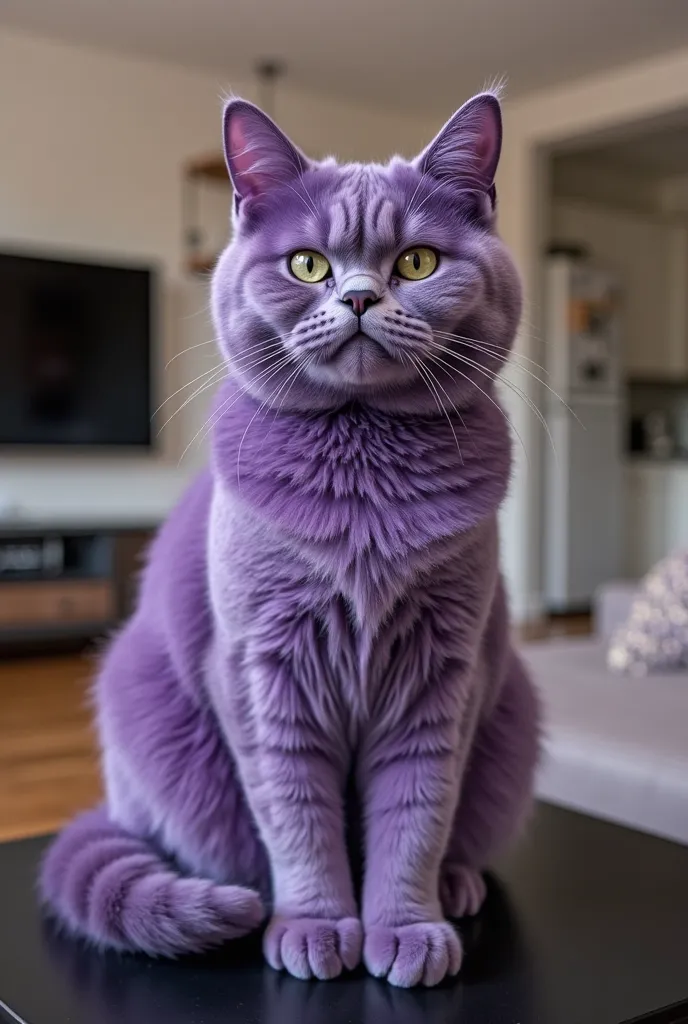 A hyper-realistic, highly detailed close-up of a cat with its entire fur in various shades of purple. The cat has a slightly sad yet wise expression, with gentle eyes and distinct facial features, including its whiskers and ears. Its fur texture is rich an...