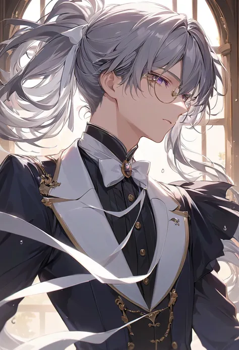 A hyper-detailed, ultra-high-definition anime-style illustration of a male character. His long, silky silver-gray hair flows elegantly, catching the light to create soft highlights with a vivid texture. Every strand is meticulously detailed, cascading smoo...