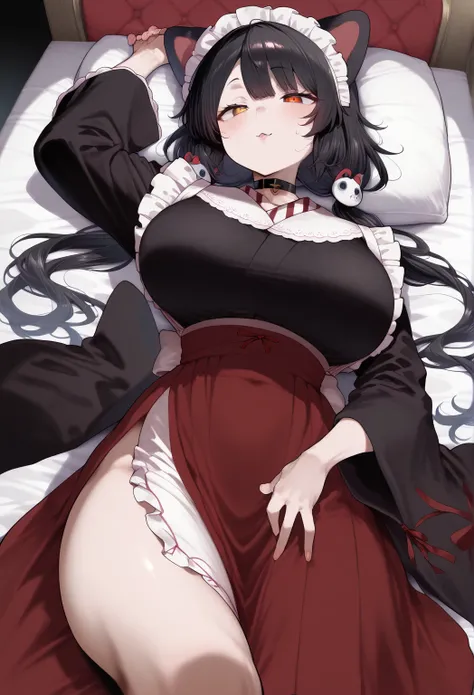  surreal, , flower,  twin tails, low  twin tails,   very long hair , Dog girl 、 black hair、slightly fat body、Thick waist、
 choker ,  maid's headdress,  black kimono ,  wide sleeve, frills, heart,  white apron, The sleeve goes past the wrist ,  skirt , red ...